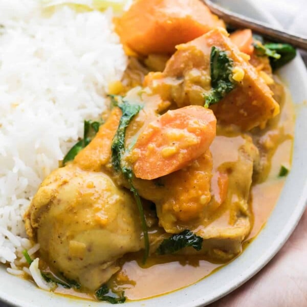 plate of chicken and sweet potato curry with white rice