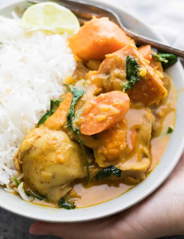 plate of chicken and sweet potato curry with white rice