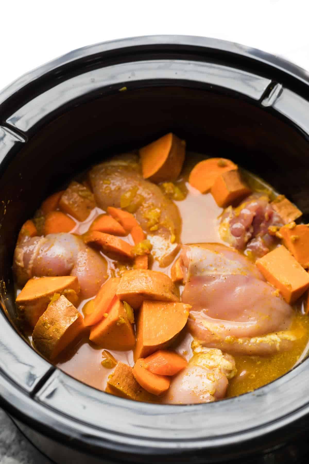 Sweet Potato Chicken Curry in slow cooker before cooking