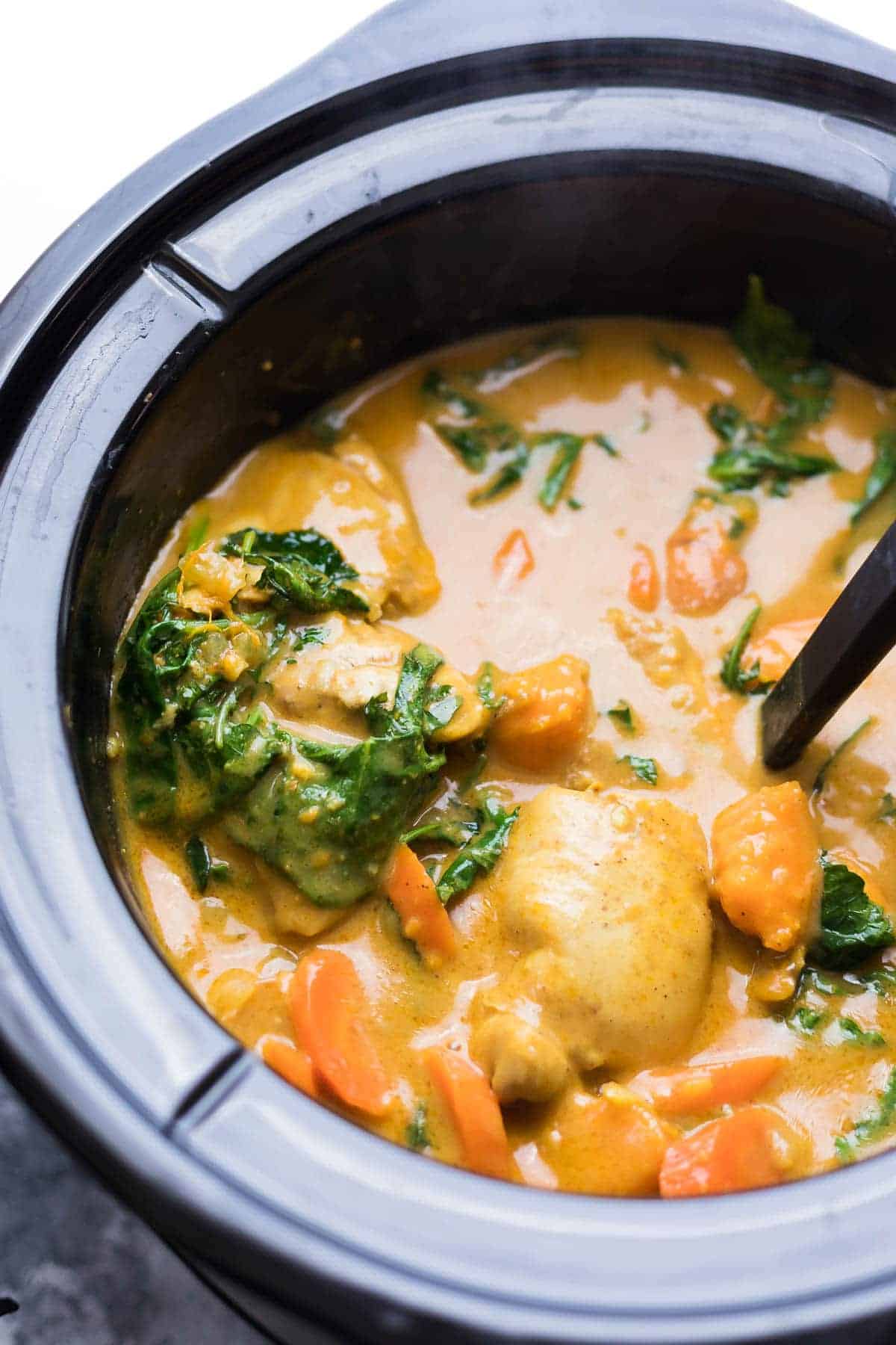 Sweet Potato Chicken Curry in slow cooker after cooking