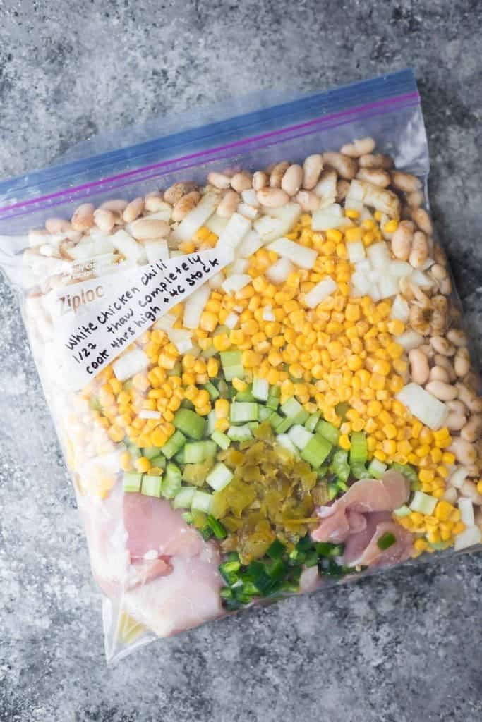 ingredients for white chicken chili in a freezer bag