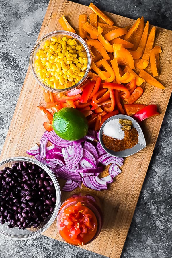 ingredients on cutting board for one pot pasta