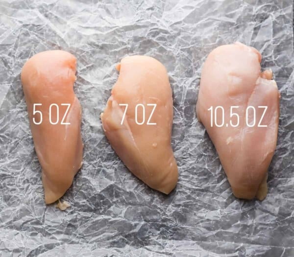 three different sizes of chicken breasts