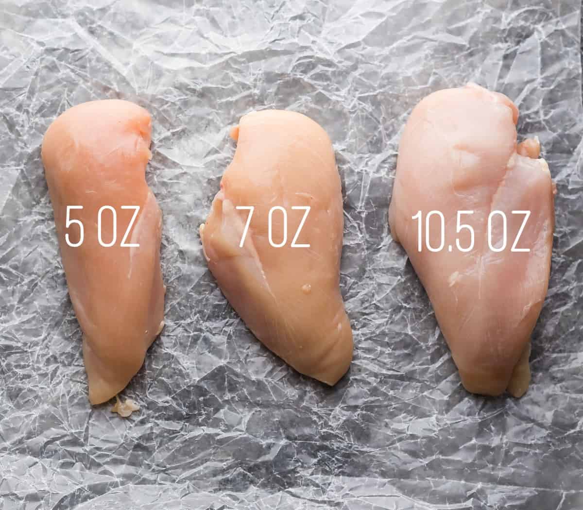 three different sized chicken breasts labeled with weights 