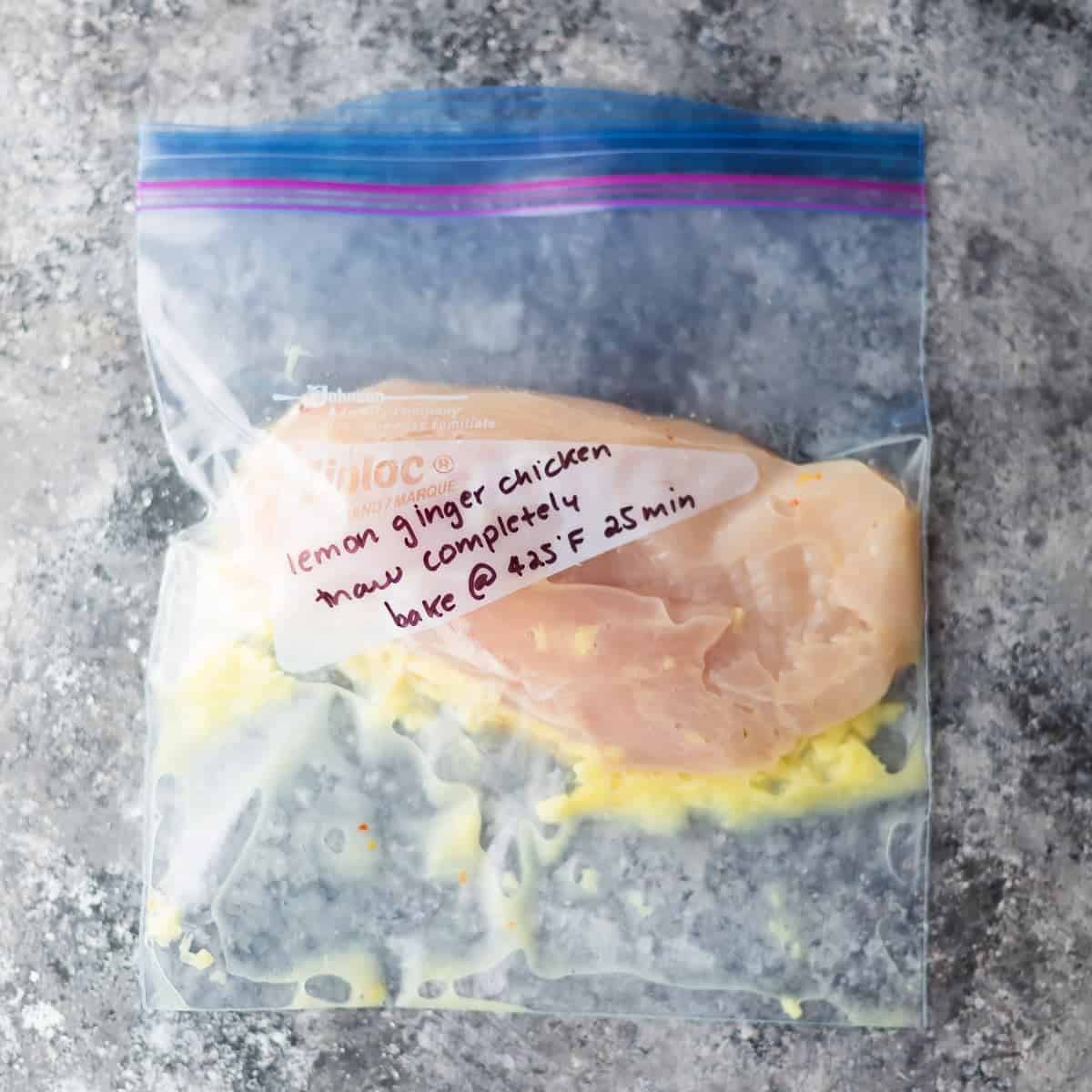 Ginger and lemon chicken marinade on chicken in freezer bag