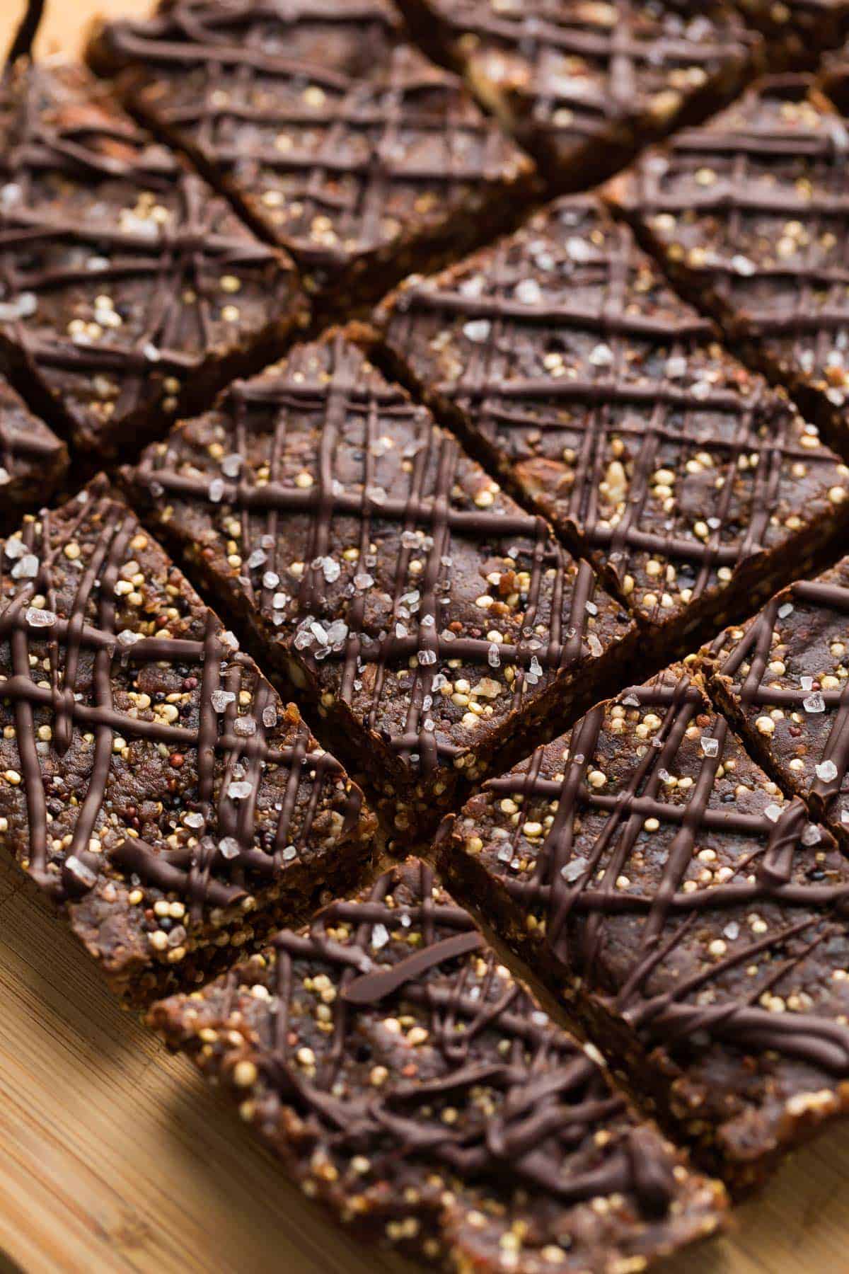 Chocolate Almond Quinoa bars cut into rectangles and lined up in rows 