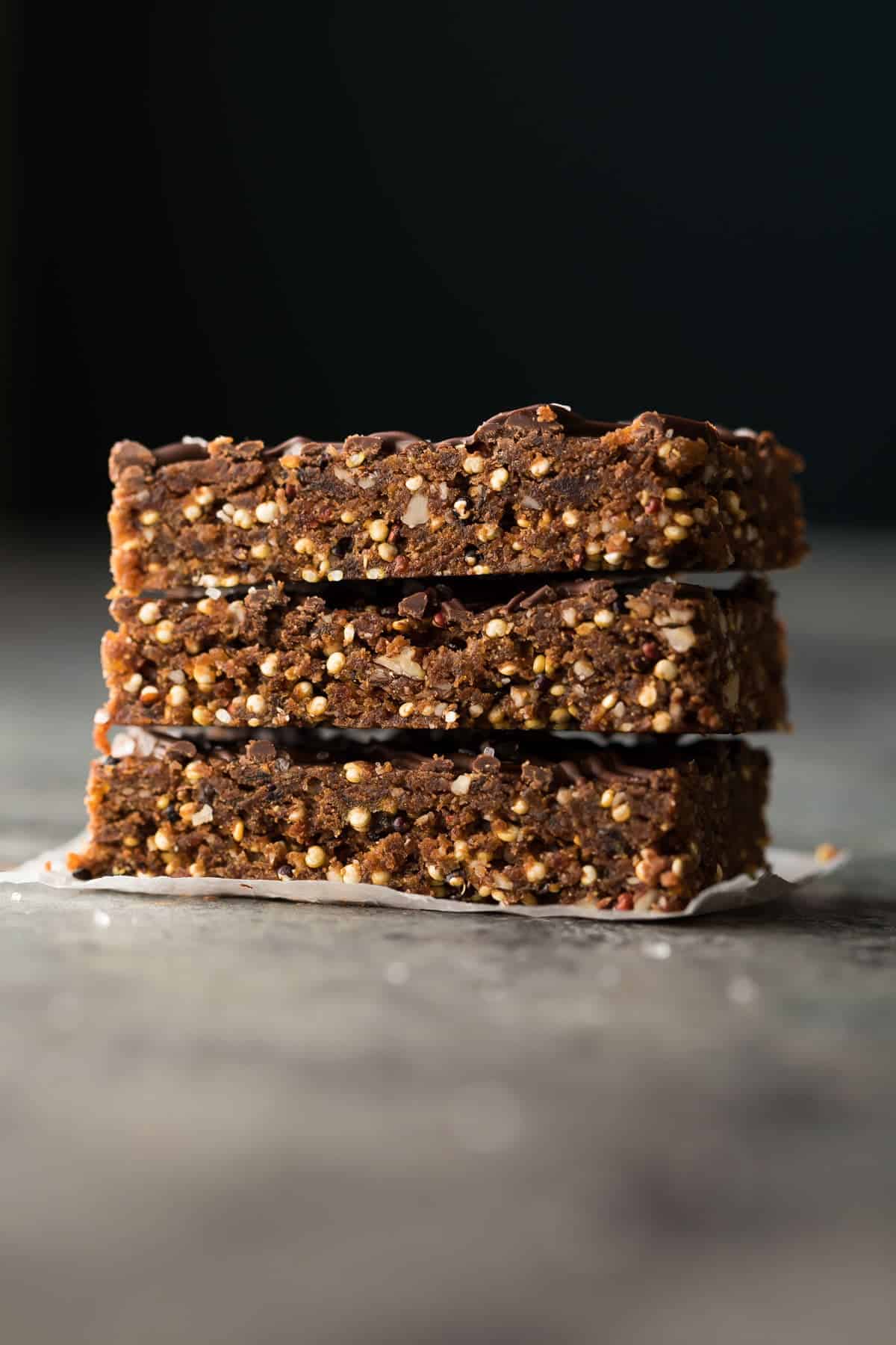 side view of stack of three Chocolate Almond Quinoa bars 