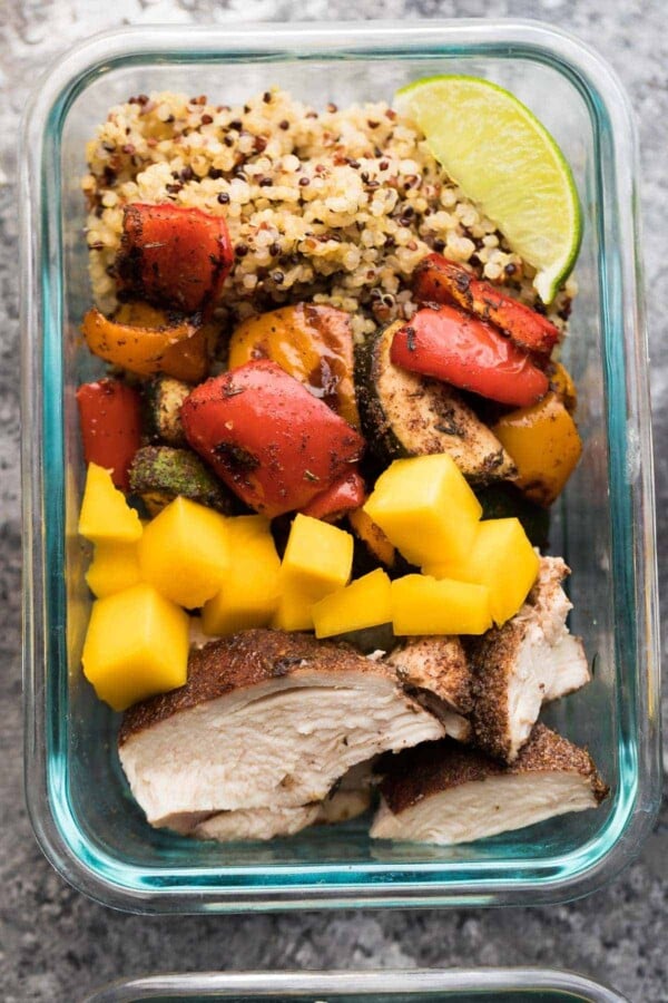 overhead shot of Jerk Chicken Meal Prep Lunch Bowl in glass container