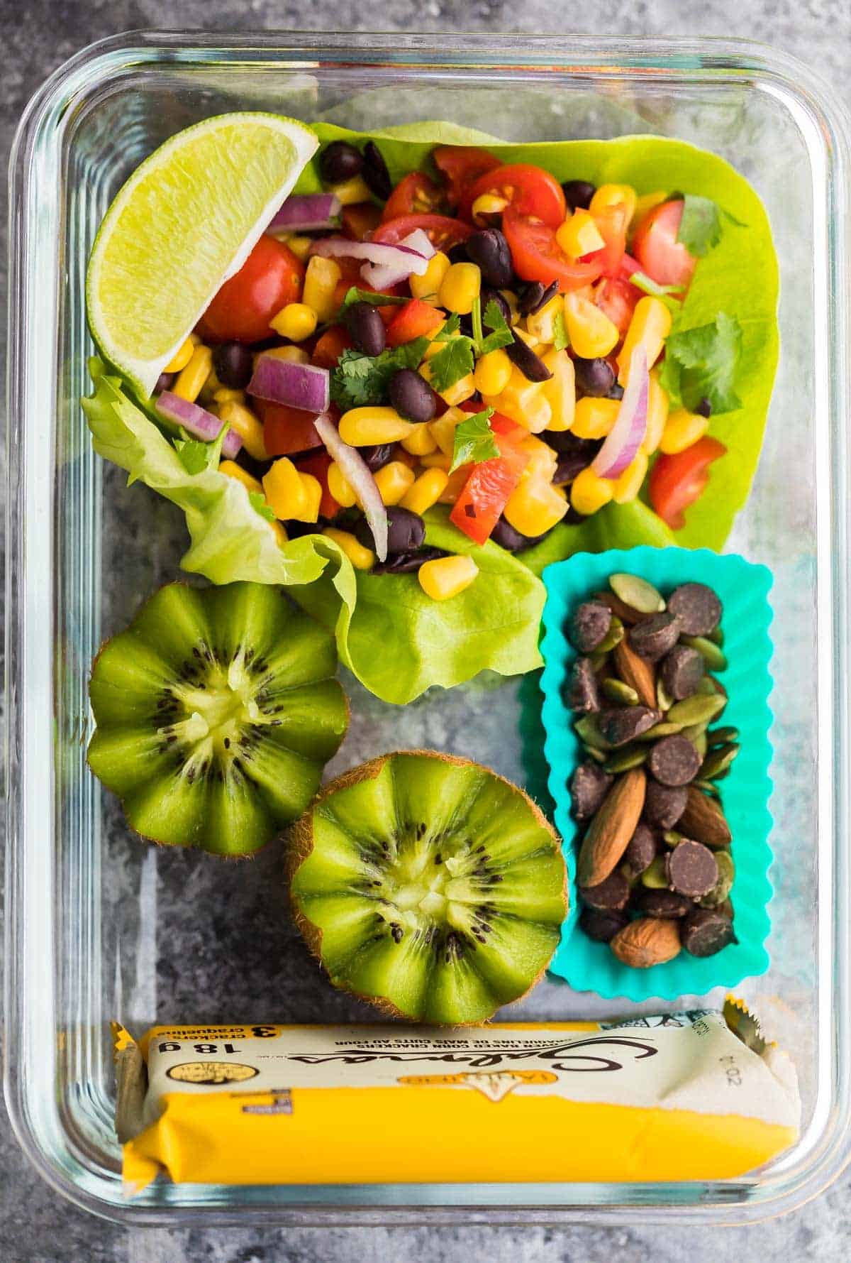 overhead shot of the Mexican Black Bean Salad Lunch Box 