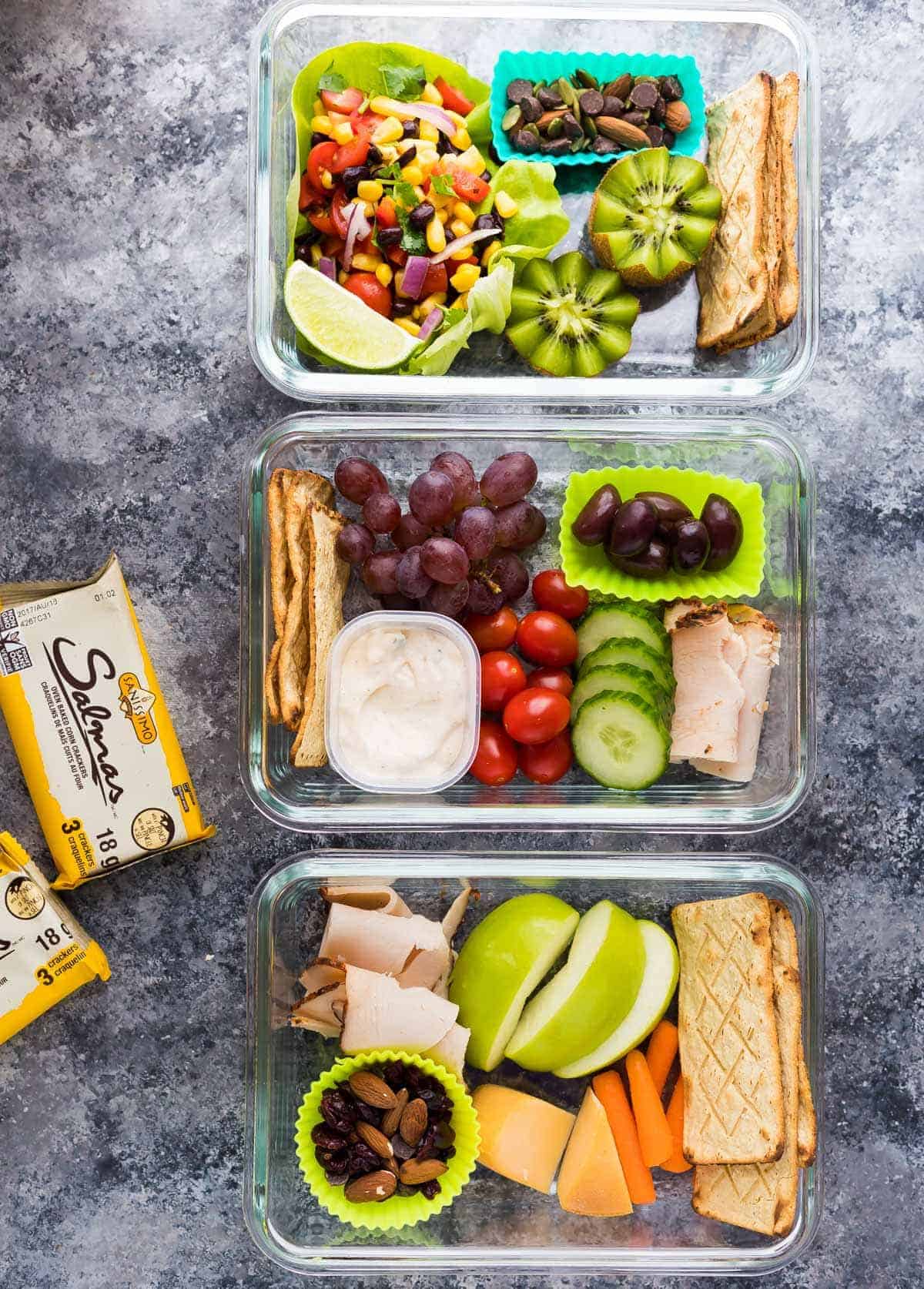 overhead shot of three different types of Bistro Lunch Boxes