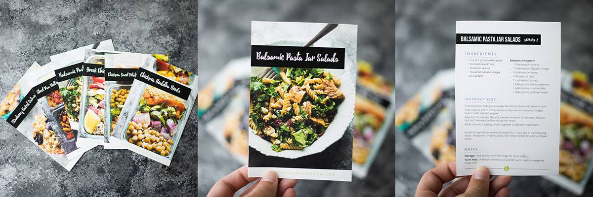 hand holding up a photo card of a salad saying Balsamic Pasta Jar Salads