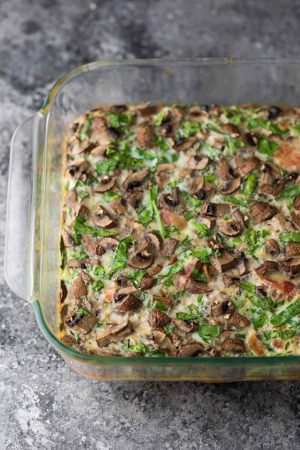 Mushroom bacon Filling for Mushroom bacon breakfast sandwiches in glass baking dish after baking