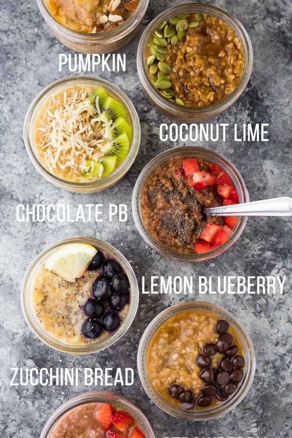 overhead shot of seven different steel cut oats recipes with text labeling each flavor