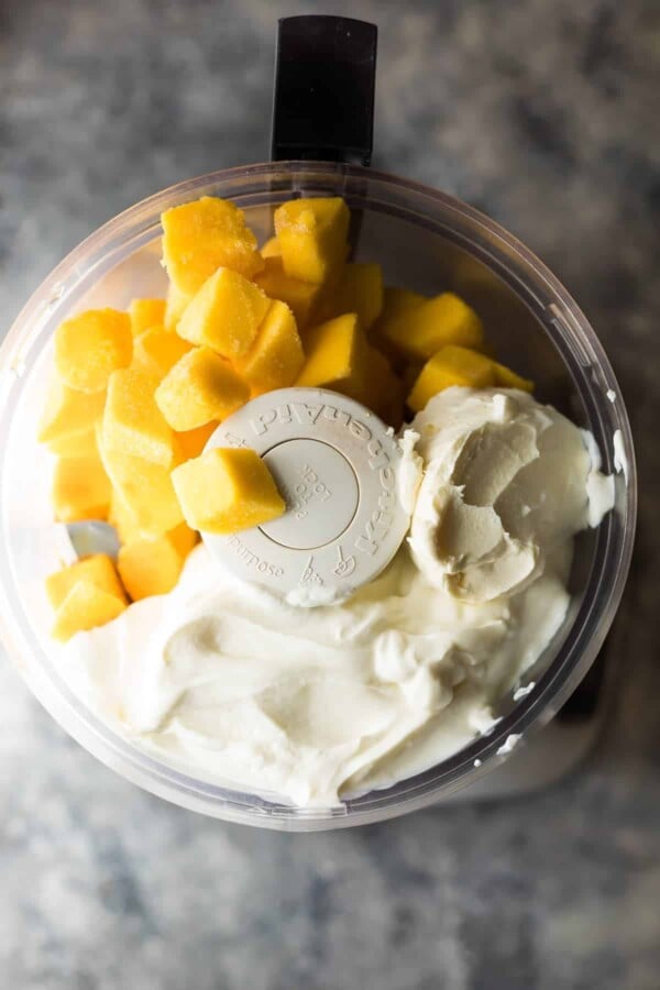 ingredients for mango cheesecake frozen yogurt in food processor