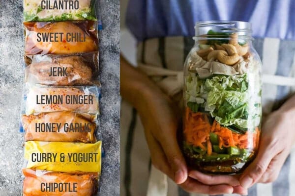 collage image with 7 Chicken Marinade Recipes on the left and Asian Chicken Mason Jar Salad on the right