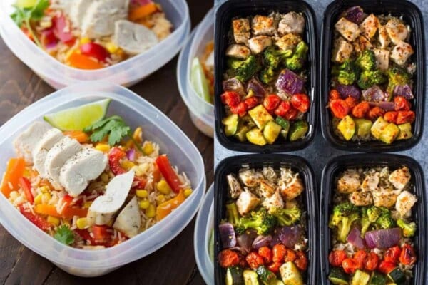 collage image with Chicken Fajita Lunch Bowls on the left and Roasted Chicken and Veggies in containers on the right