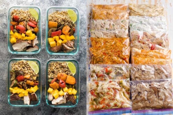 collage image with Jerk Chicken Meal Prep Bowls on the left and variety of Healthy Chicken Recipes in a Pressure Cooker on the right
