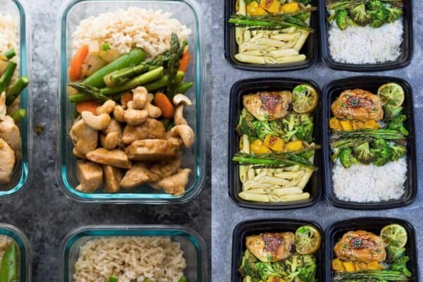 collage image with Maple Ginger Chicken Lunch Bowls on the left and Honey Lime Chicken Sheet Pan on the right