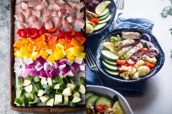 collage image with ingredients for Pesto Chicken Pita Pockets on the left and Greek Chicken Roasted Cauliflower Meal Prep Bowl on the right