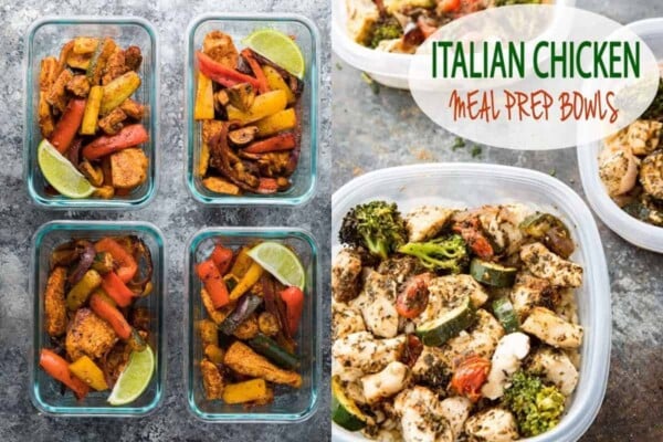 collage image with Meal Prep Chicken Fajitas on the left and Italian Chicken Meal Prep Bowls on the right
