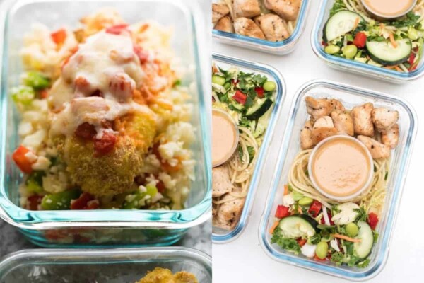 collage image of Mexican Chicken and Cauliflower Rice bowls on the left and Thai Peanut Chicken in containers on the right