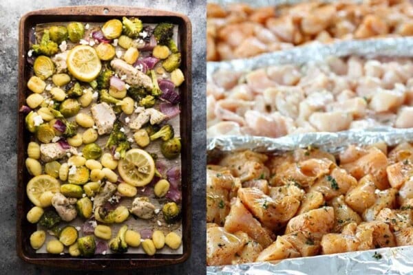 collage image with Make Ahead Lemon Chicken Sheet Pan Gnocchi on the left and Meal Prep Chicken on the right