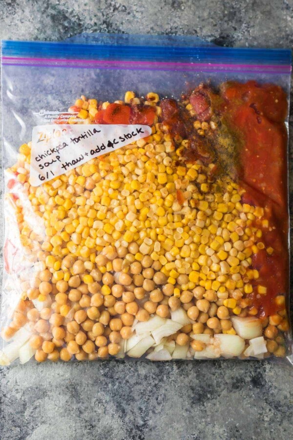 ingredients for chickpea tortilla soup in ziploc bag and labeled 