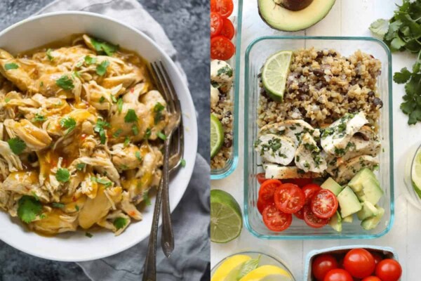 collage image with Slow Cooker Sweet Chili Chicken on the left and Cilantro Lime Chicken with Cauliflower Rice on the right