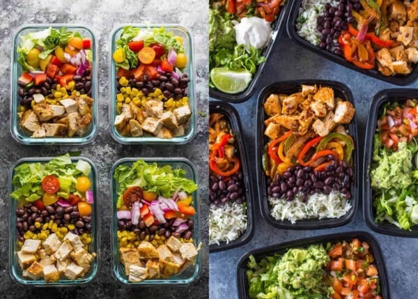 collage image with Southwestern Chopped Chicken Salad on the left and Chicken Burrito Bowls on the right