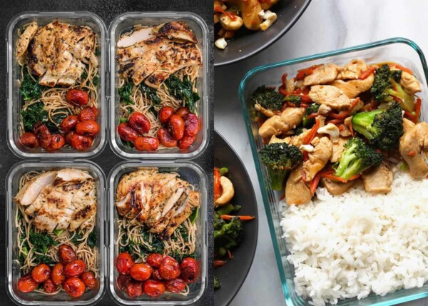 collage image with Garlic Parmesan Kale Pasta on the left and Honey Ginger Chicken Stir Fry on the right