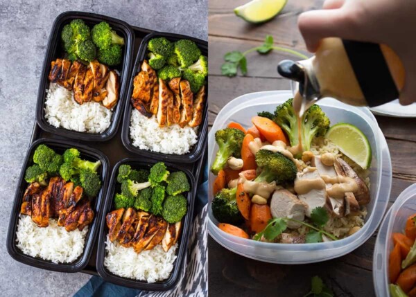 collage image with Chicken, Broccoli and Rice in containers on the left and Thai Chicken Lunch Bowls on the right