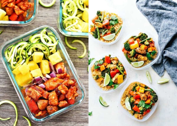 collage image with Hawaiian Chicken Meal Prep Bowls on the left and Chicken and Veggies in containers on the right