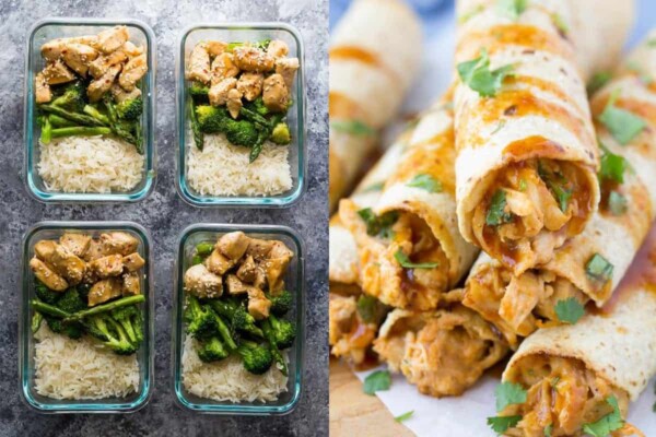 collage image with Honey Sesame Chicken Lunch Bowls on the left and Honey BBQ Slow Cooker Taquitos on the right