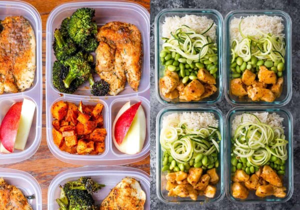 collage image with Meal Prep Lunch Bowls with Spicy Chicken on the left and Firecracker Chicken Meal Prep Bowls on the right