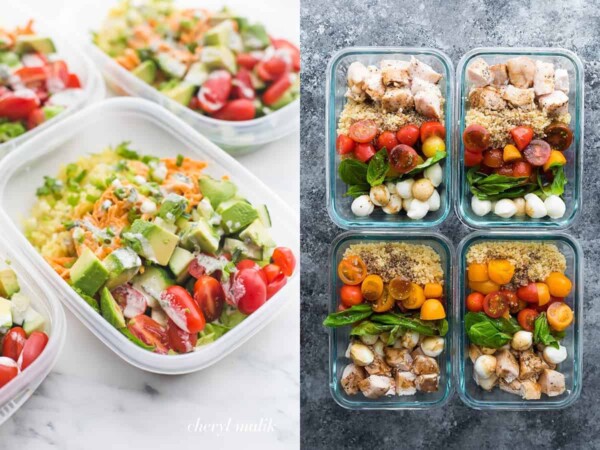 collage image with Buffalo Chicken Whole30 bowls on the left and Caprese Chicken Salad bowls on the right