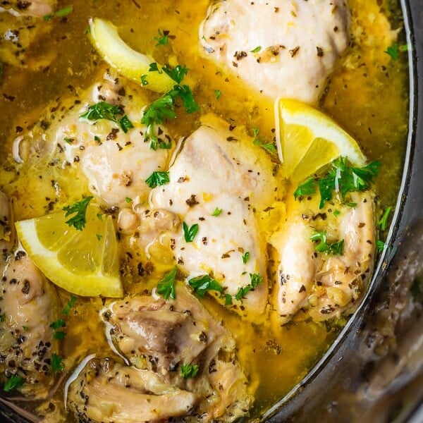 close up shot of slow cooker lemon garlic chicken thighs