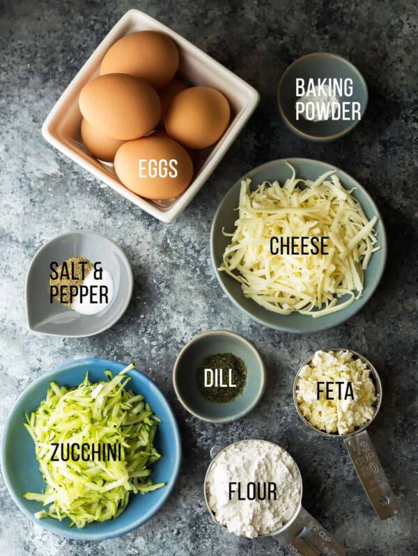 labeled ingredients for Zucchini, Feta and Dill Egg Muffins