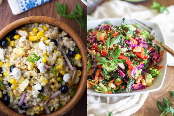 collage image of Summer Barley Salad with Grilled Corn and Blueberries on left and The Ultimate Detox Salad on right