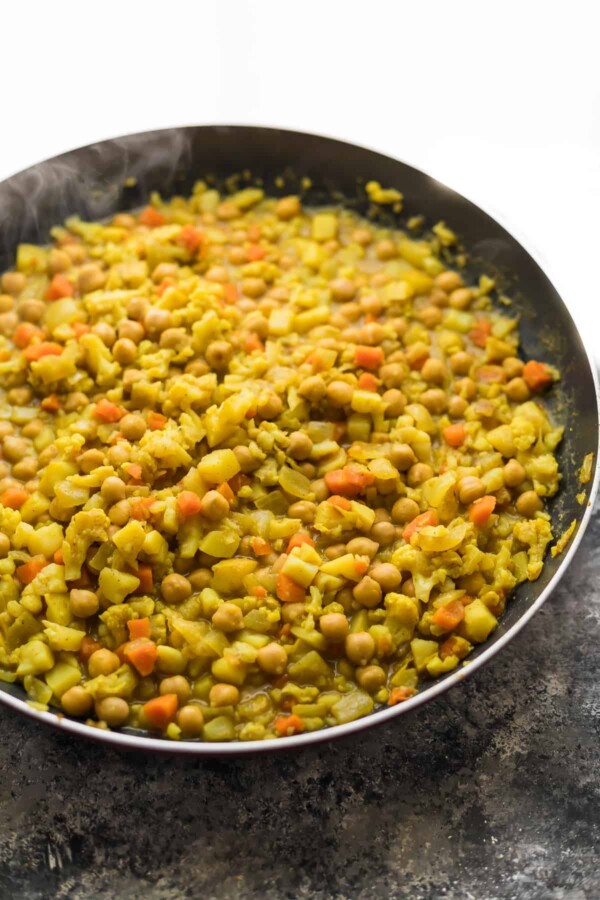 Filling for the cauliflower chickpea samosas in large frying pan