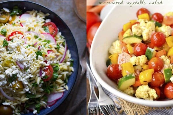 collage image of Herb Orzo Pasta Salad with Feta on left and Marinated Vegetable Salad on right