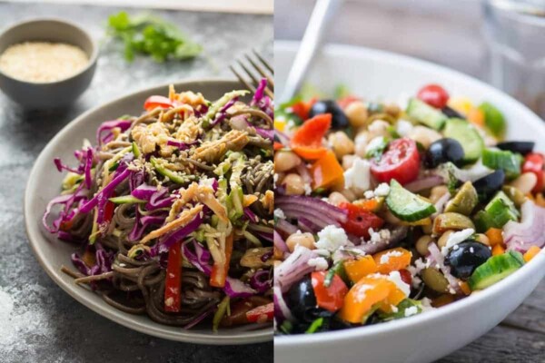 Collage image of Honey Lime Chicken and Soba Noodle Salad on left and Mediterranean Bean Salad on right