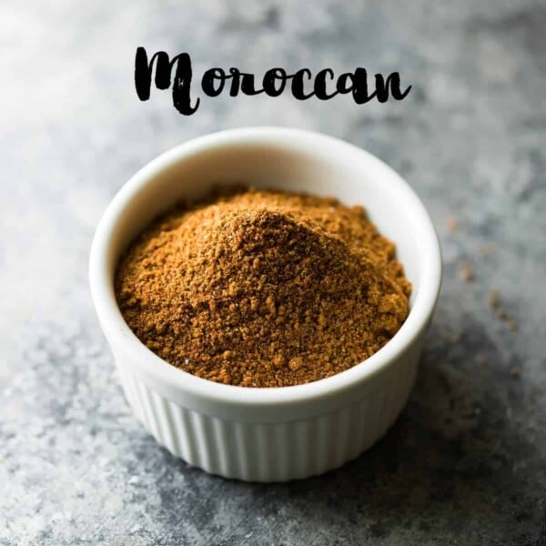 Homemade Moroccan Spice Blend mixed up in a white bowl