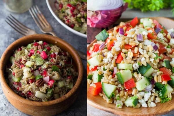 collage image of Fennel and Pomegranate Quinoa Salad on left and Healthy Greek Freekah Salad on right