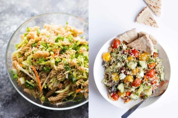 collage image of Sesame Chicken Pasta Salad on left and Greek Quinoa Salad on right