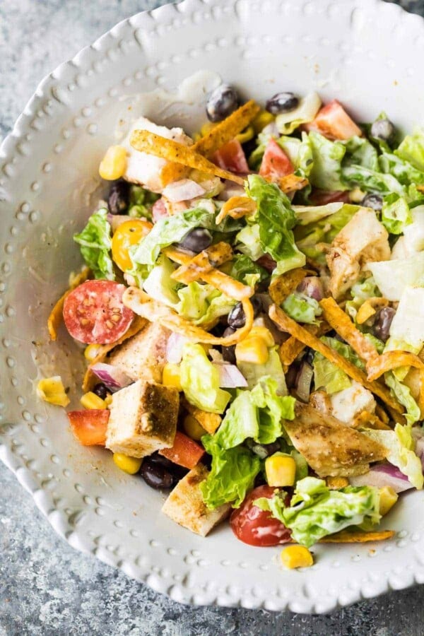 southwestern chopped chicken salad in large white bowl
