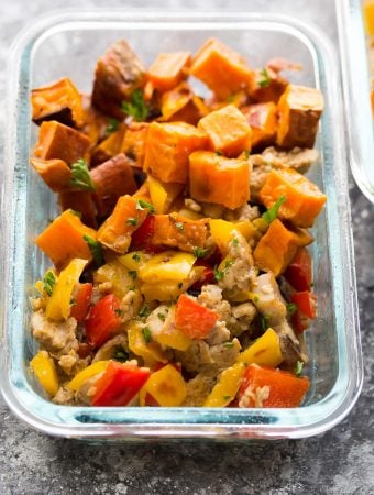 glass meal prep container with sweet potato breakfast bowl