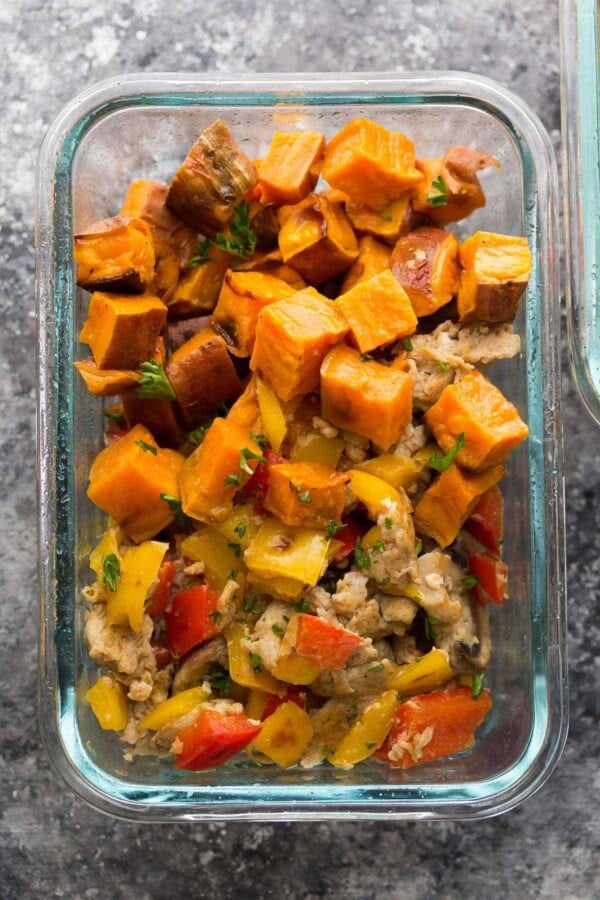 overhead shot of sweet potato breakfast meal prep bowl in glass container