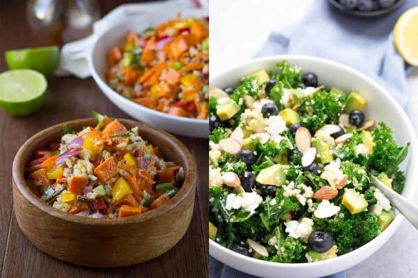 collage image of Roasted Sweet Potato and Wild Rice Salad on left and Kale Superfood Salad with Quinoa and Blueberries on right