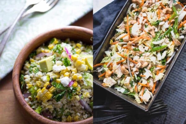 collage image of Charred Corn Salad with Feta, Mint and Quinoa on left and Chinese Chicken Salad on right