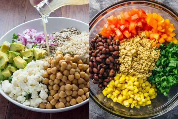 collage image of Kale Barley Salad with Honey Lemon Vinaigrette on left and Southwestern Couscous Salad on right